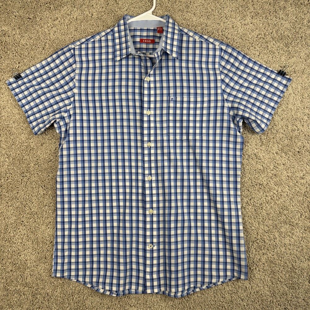 Izod Mens Medium Short Sleeve Button Up Shirt Blue Plaid